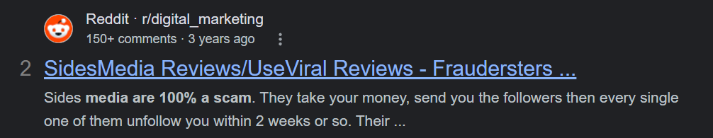 A snippet from a Reddit post calling out a social media service as fraudulent.