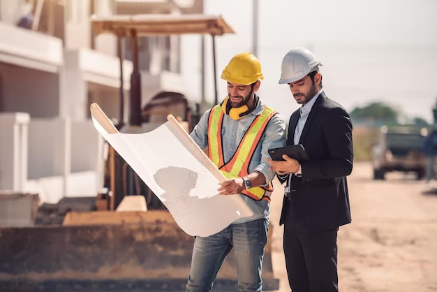 An engineer holding a blueprint while the other holds a tablet at a construction site.