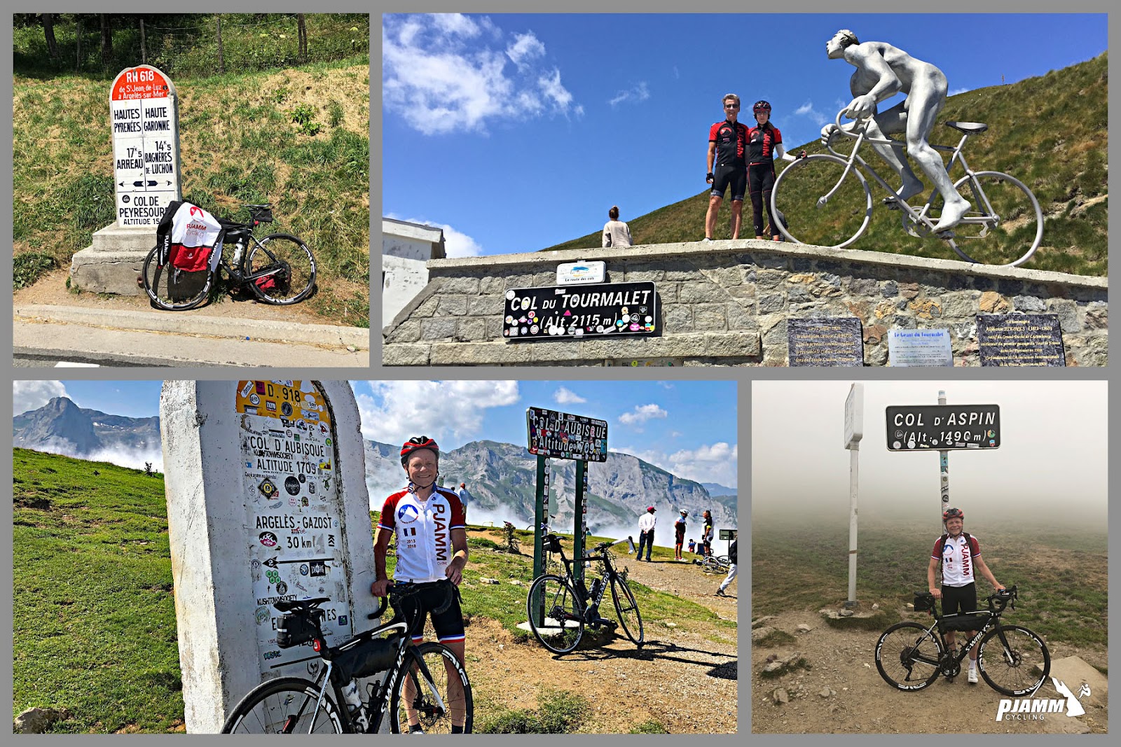 PJAMM Cyclist John Johnson stands atop Col du Tourmalet, Col de Peyresourde, Col de Aspin