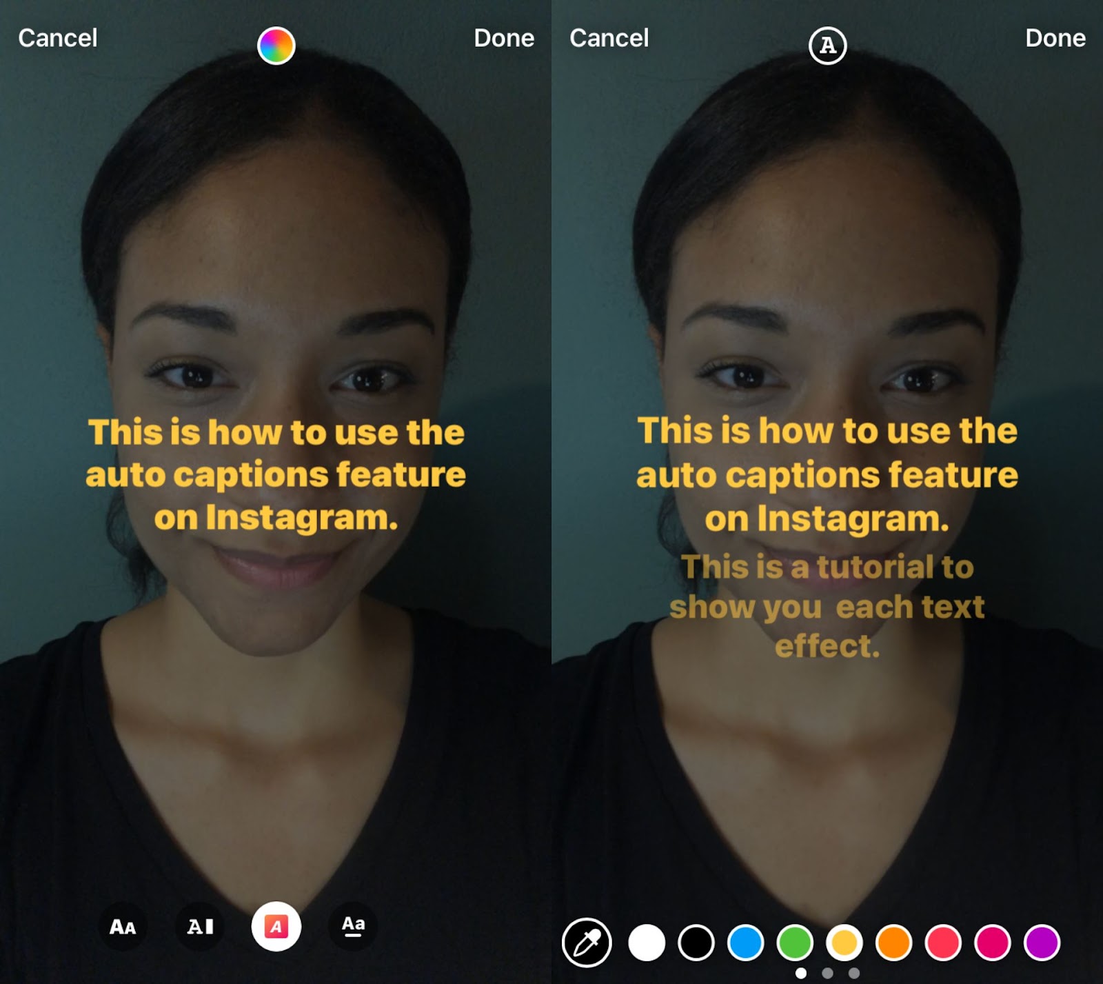 two screenshots showing text effects from the auto-caption sticker in Instagram