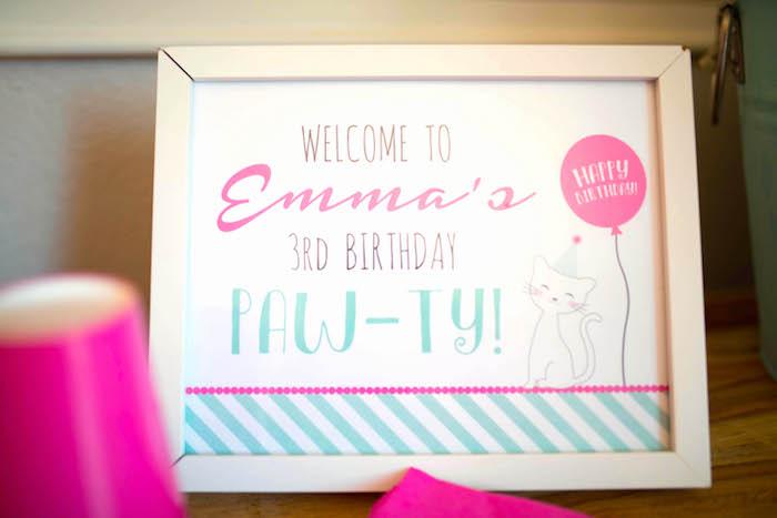 Cat-inspired welcome sign from a Kitty Cat Birthday Party on Kara's Party Ideas | KarasPartyIdeas.com (5)
