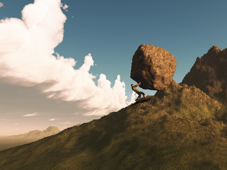 a man holding up a giant boulder from rolling down the hill