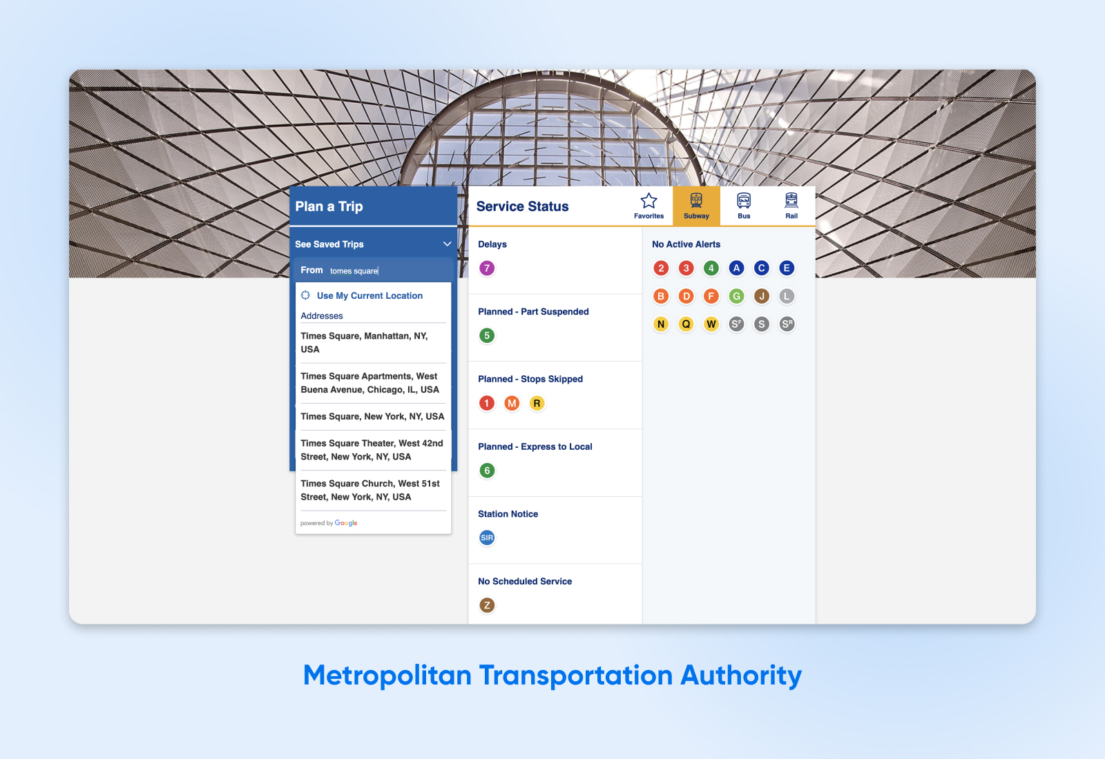 Sitio web de la MTA con menús desplegables "Planificar un viaje" y "Estado del servicio" que muestran retrasos y viajes planificados en diferentes colores.