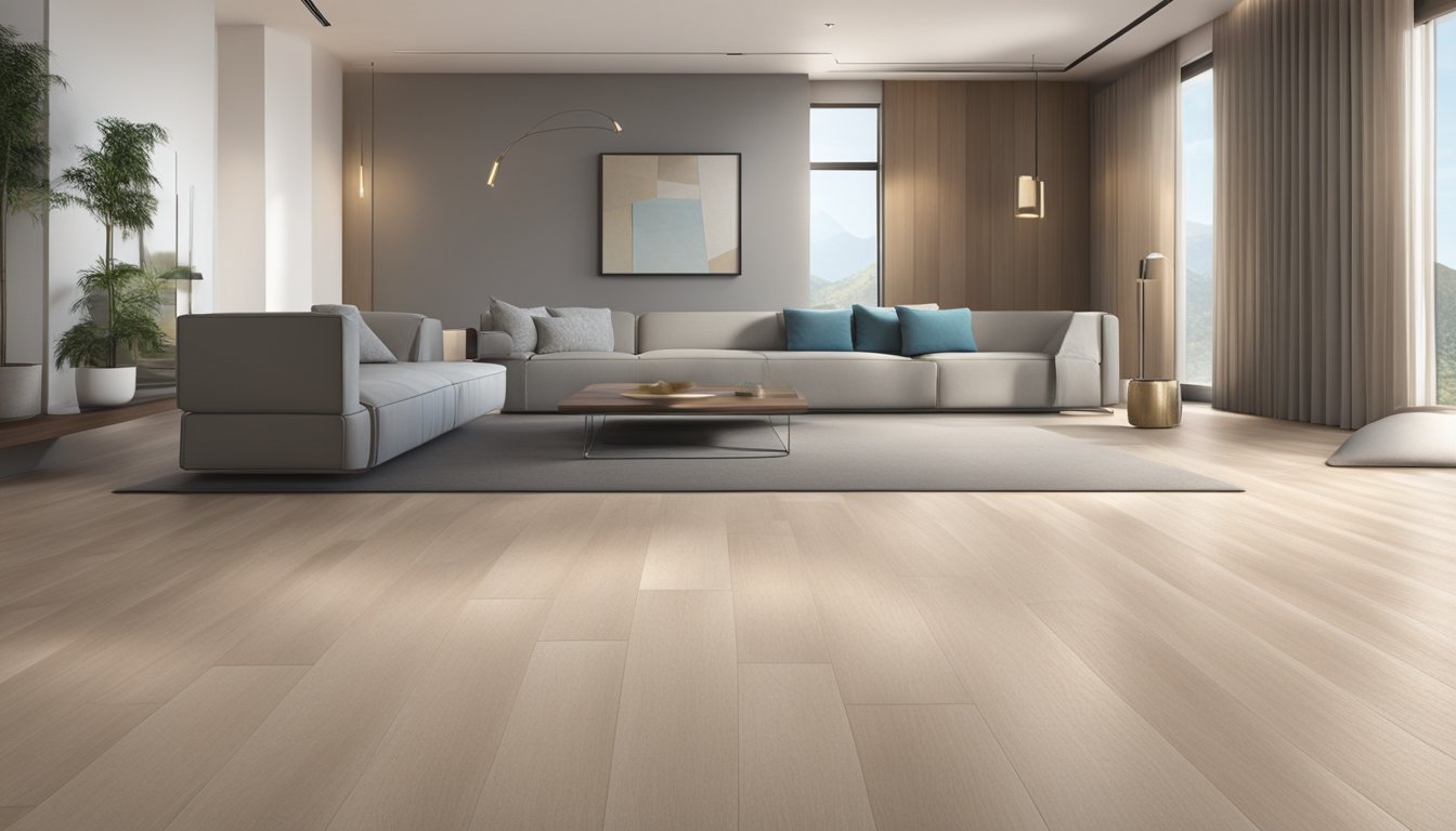 A room with modern, sleek flooring resembling wood or stone. Light reflects off the smooth surface, creating a clean and contemporary look
