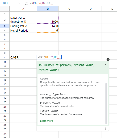 Use RRI Function to calculate CAGR in Google Sheets