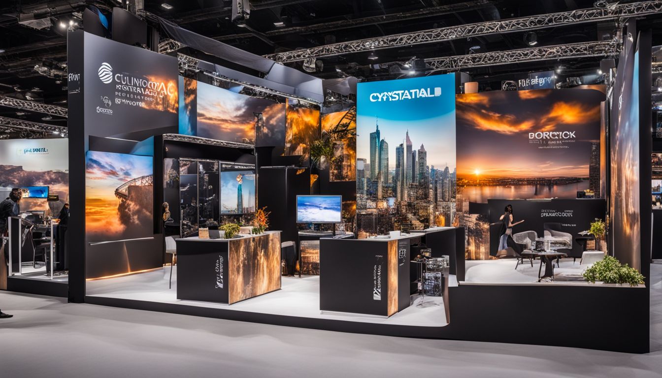 An engaging trade show booth with diverse cityscape photography and vibrant graphics.