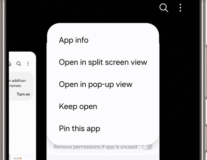 Recent apps displaying a pop-up with various options including App info, Open in split screen view, and more