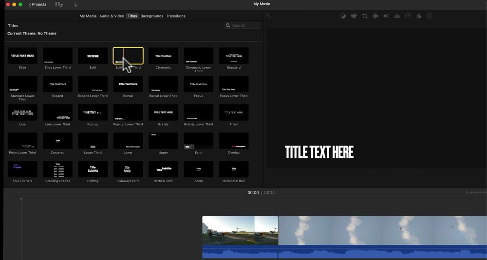 The mouse cursor hovering on top of a Title thumbnail to preview the animation on the playback window in iMovie