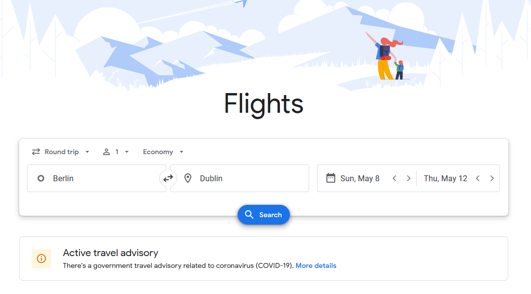 Google Flights homepage.