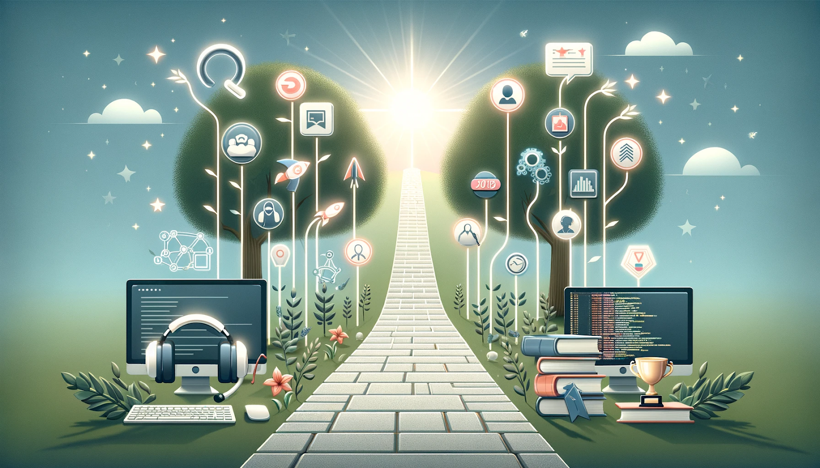 Image depicting a career growth pathway. The pathway is lined with symbols for different career stages, including a headset for customer support, a computer with code for data analysis, books and certificates for learning, and a trophy for achievements. The path leads towards a bright horizon, symbolizing future career opportunities and growth in a light and inspiring atmosphere.