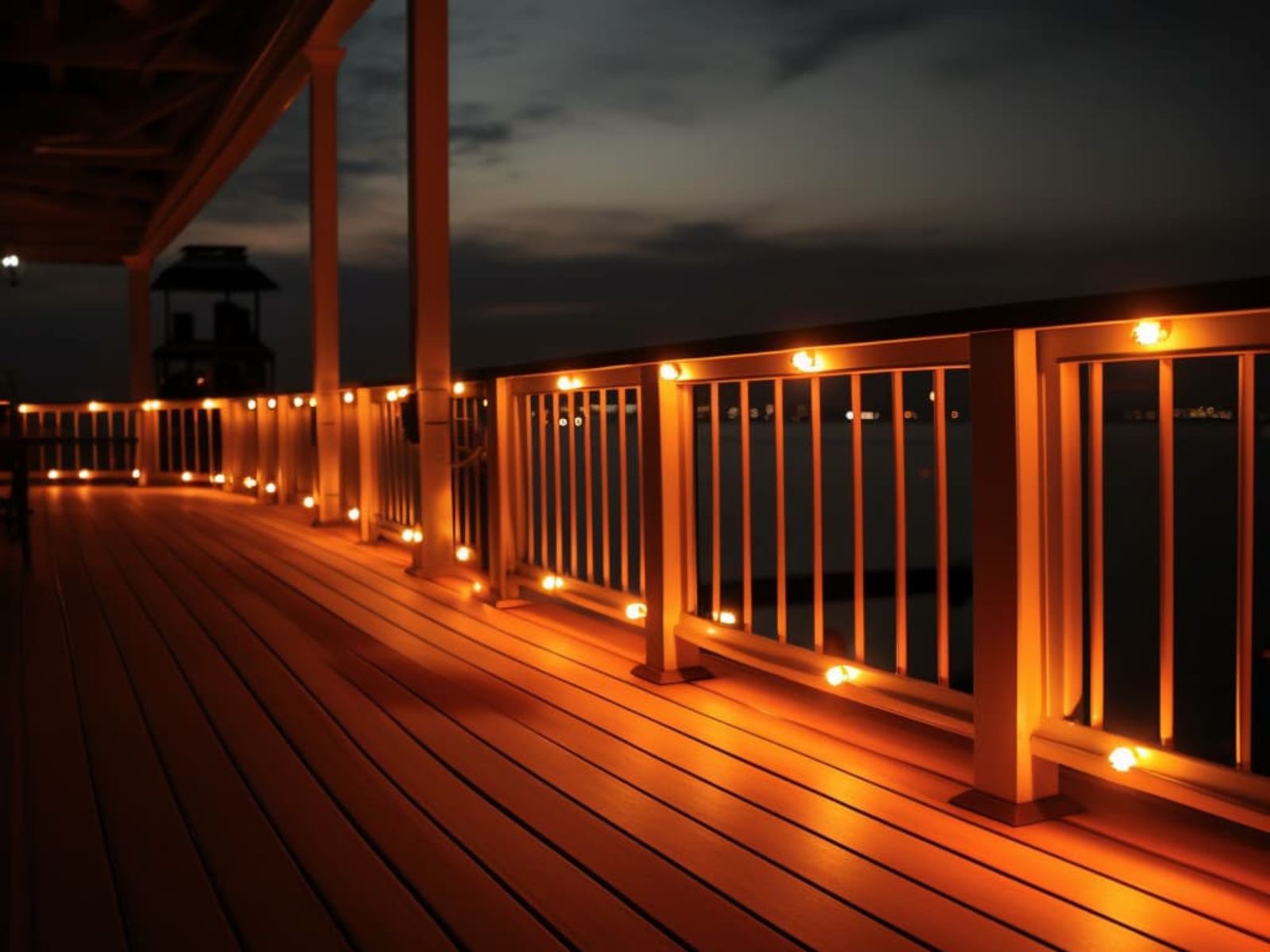 A deck illuminated with warm deck lights