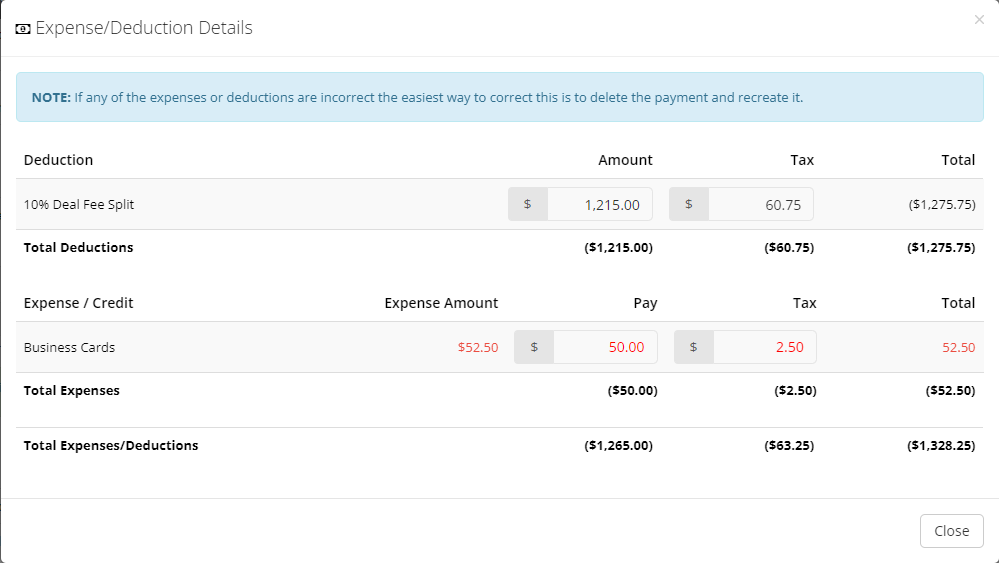 RealDesk Commission Payment with Deductions & Expenses