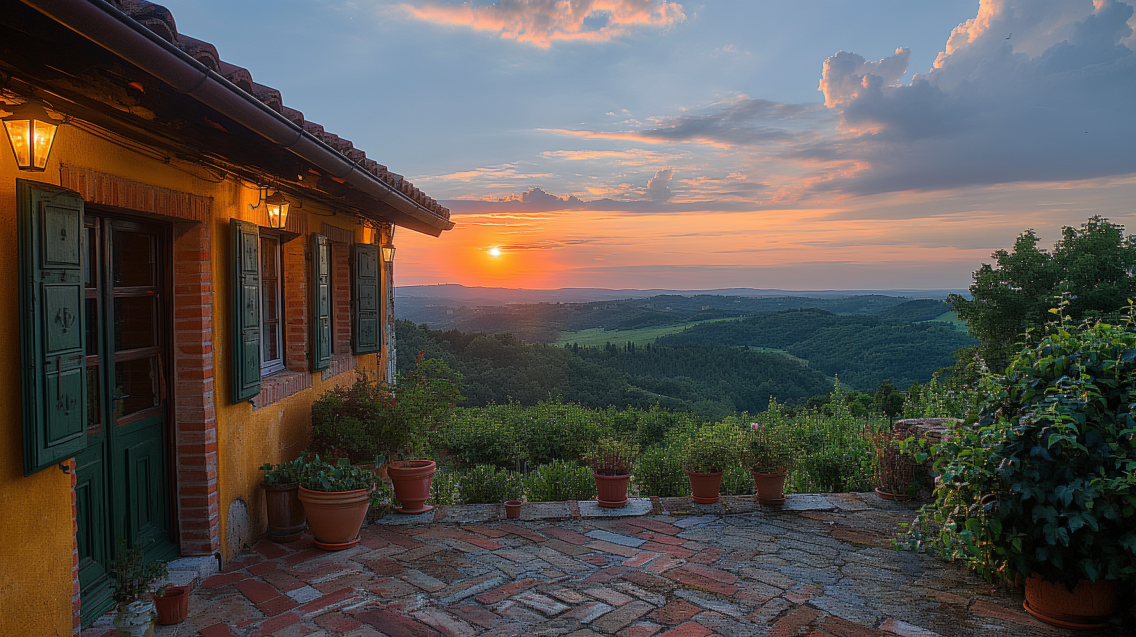 A scenic countryside view from a villa terrace in Motovun, Istria.