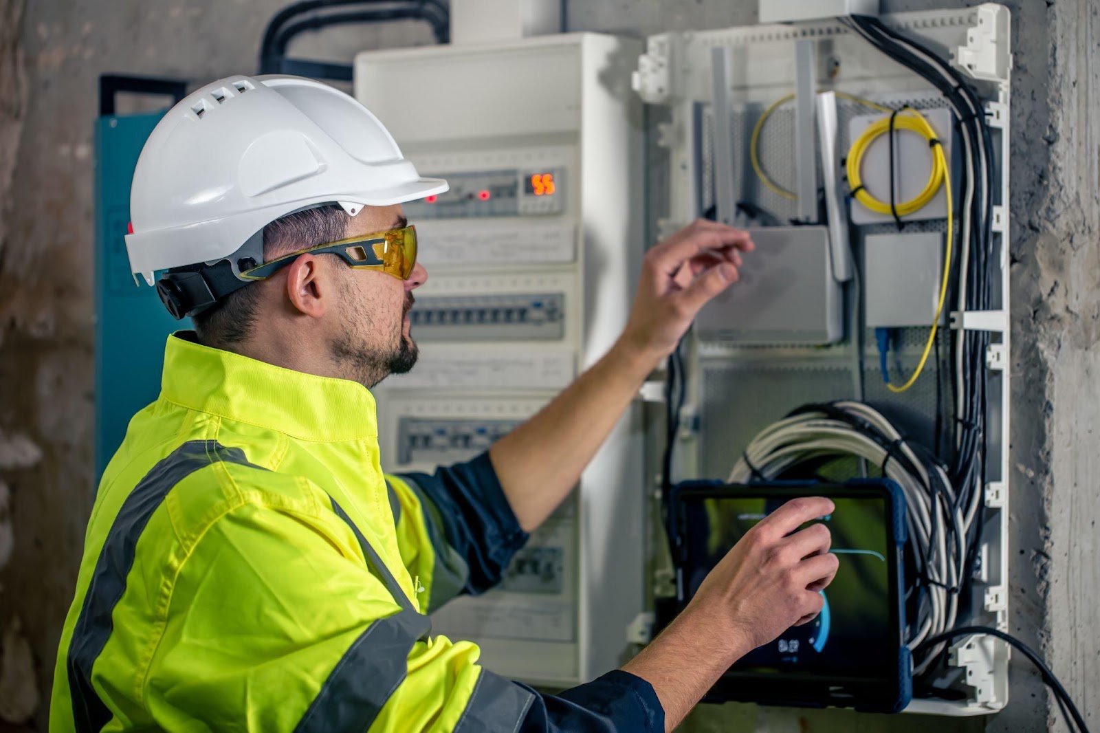 Técnico elétrico trabalhando em um quadro de distribuição