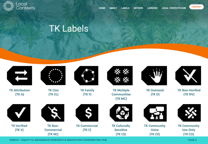 Screenshot from the Local Contexts website “TK Labels” page with 12 TK Label icons and their titles arranged in a grid: TK Attribution, TK Clan, TK Family, TK Multiple Communities, TK Outreach, TK Non-Verified, TK Verified, TK Non-Commercial, TK Commercial, TK Culturally Sensitive, TK Community Voice, and TK Community Use Only.