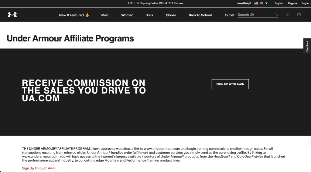 Under Armour affiliate program home page