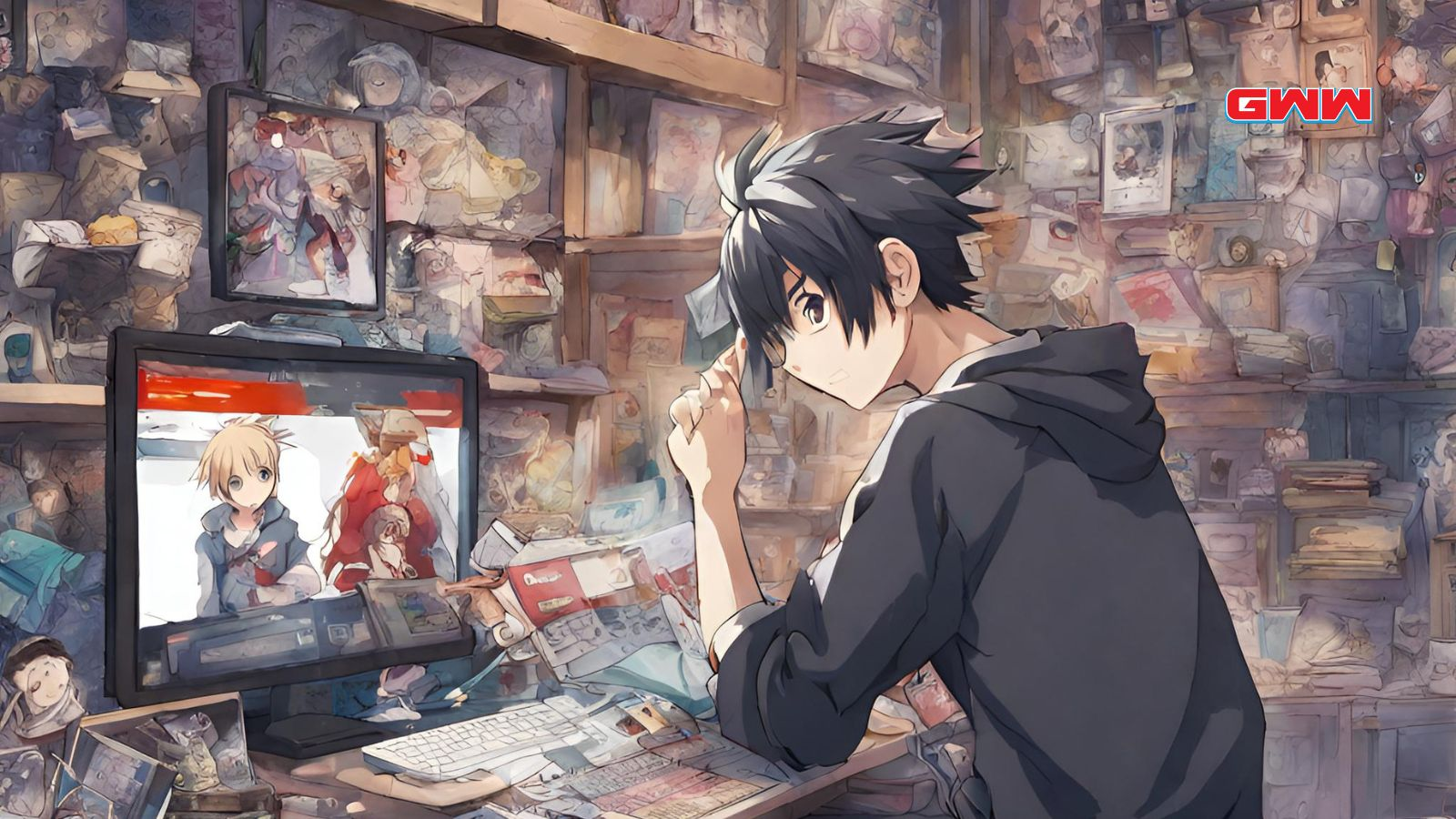 Artist drawing anime at a desk cluttered with manga and figures