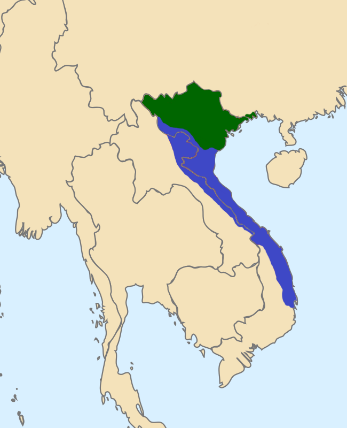 Lãnh thổ nằm trong tầm kiểm soát của nhà Mạc (lục) và nhà Lê trung hưng (lam, khoảng năm 1590)