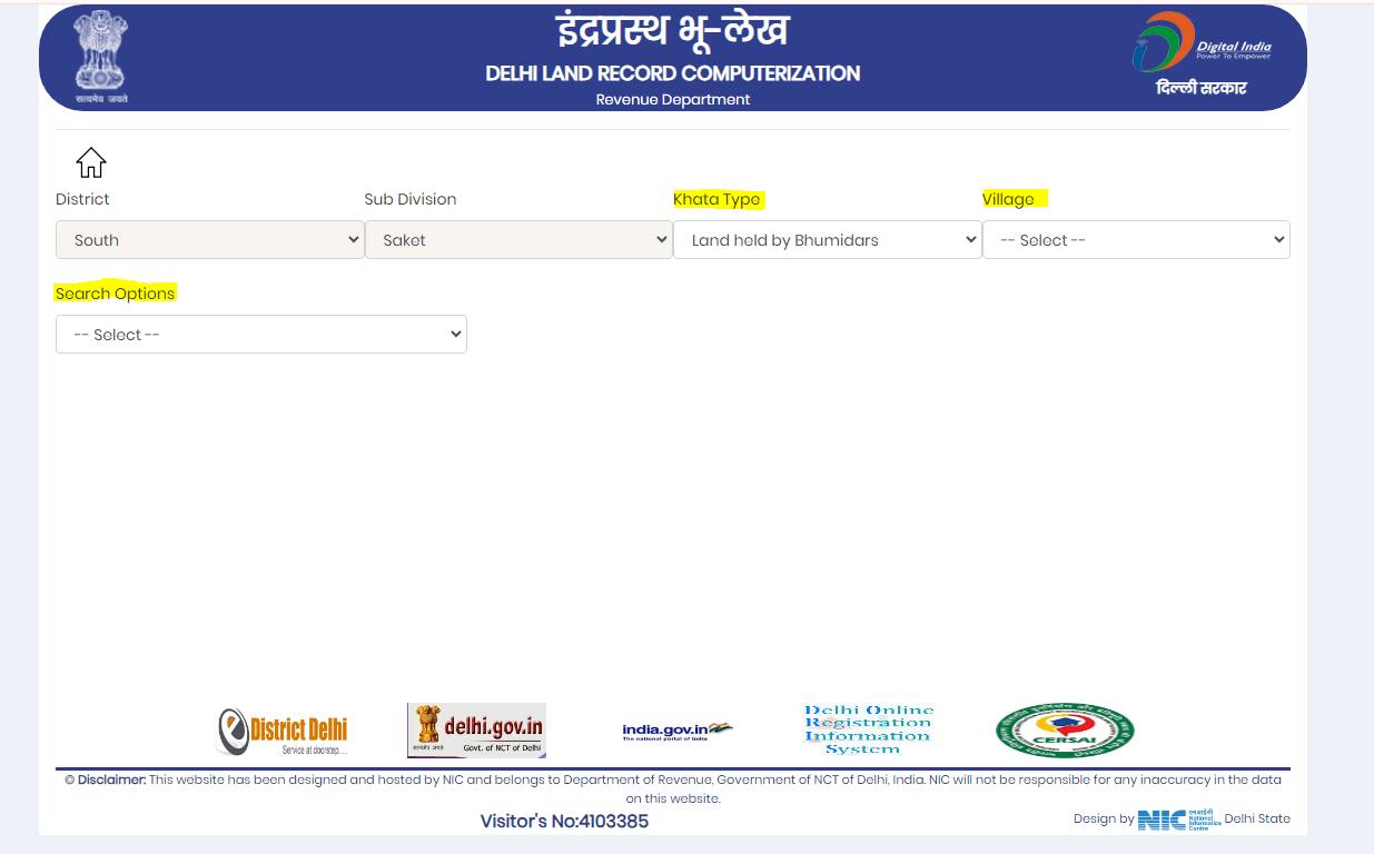 Delhi Bhulekh: Khata Type, Village aur search by name ko chuna na hai