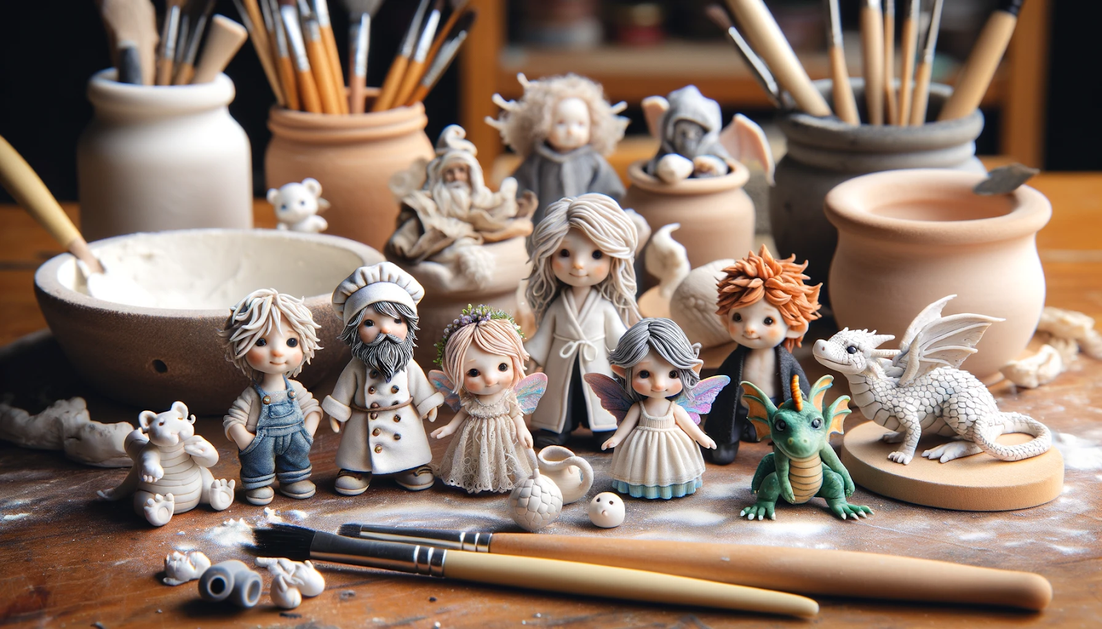 uma série de estatuetas em miniatura feitas de argila de porcelana fria