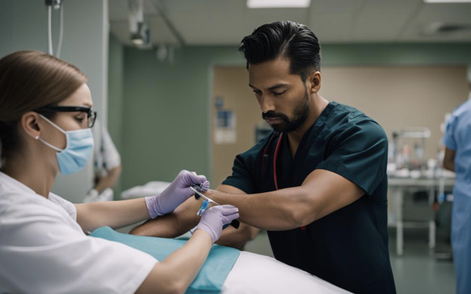 A phlebotomist drawing blood.