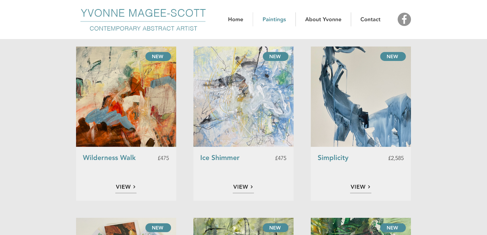 a screenshot of the "Paintings" page displaying a grid of available paintings by Yvonne