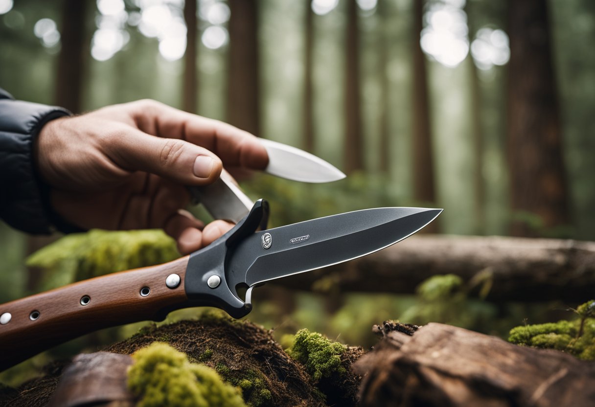 A hand reaches for a sturdy bushcraft knife, surrounded by rugged outdoor gear and a forest backdrop