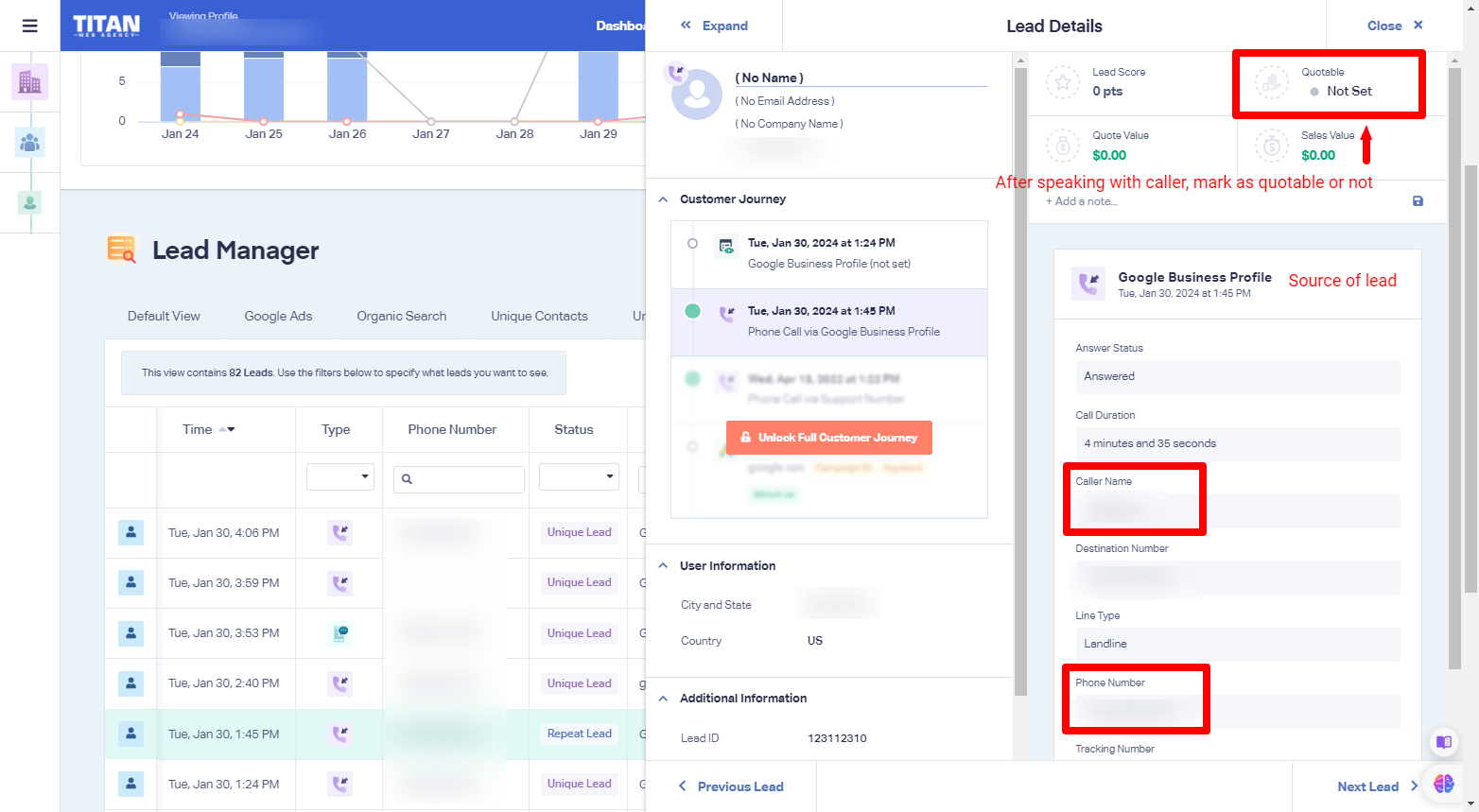 titan web agency lead tracking dashboard