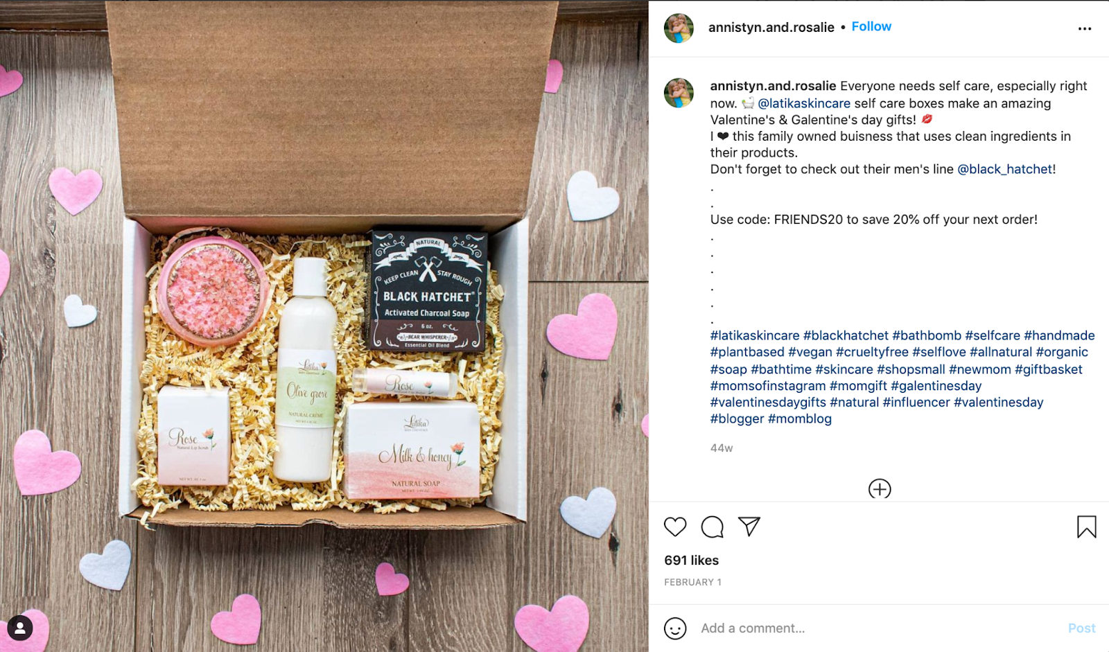 Screenshot of an Instagram post featuring a Valentine's Day selfcare box filled with skincare items from the brand Latika Skincare, next to a caption shouting out the brand