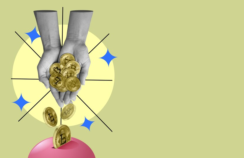 Finance and wealth banner with human hand pouring bitcoin