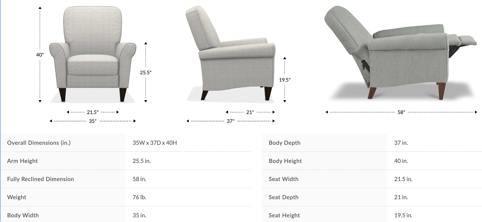 haven high leg recliner chair dimensions