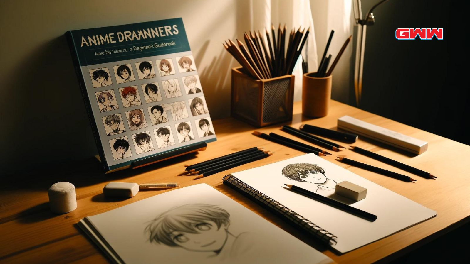 Anime drawings beginner's desk with sketching tools