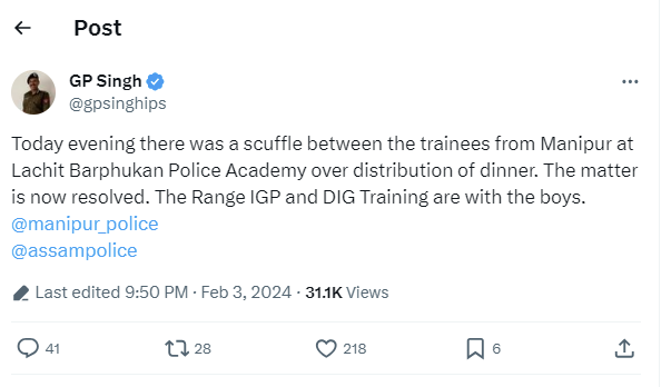 C:\Users\lenovo\Downloads\Image-GP Singh on X-Today evening there was a scuffle between the trainees from Manipur at Lachit Barphukan Police Academy over distribution of dinner. The matter is now resolved. The Range IGP and DIG Training are with the boys..png