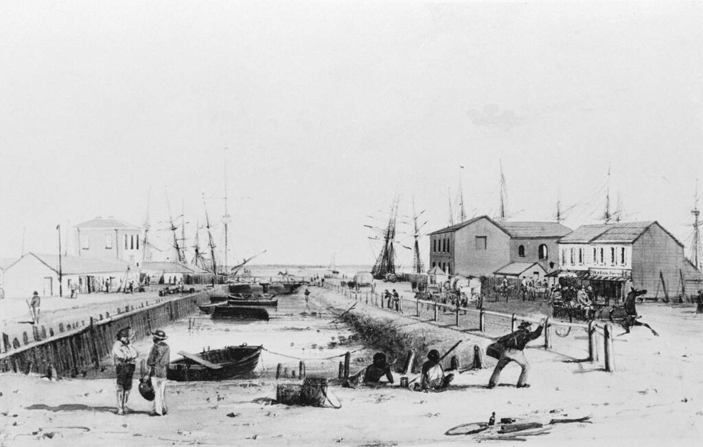 Commercial Inn, Port Adelaide, c1845 - a black and white photo of a harbor