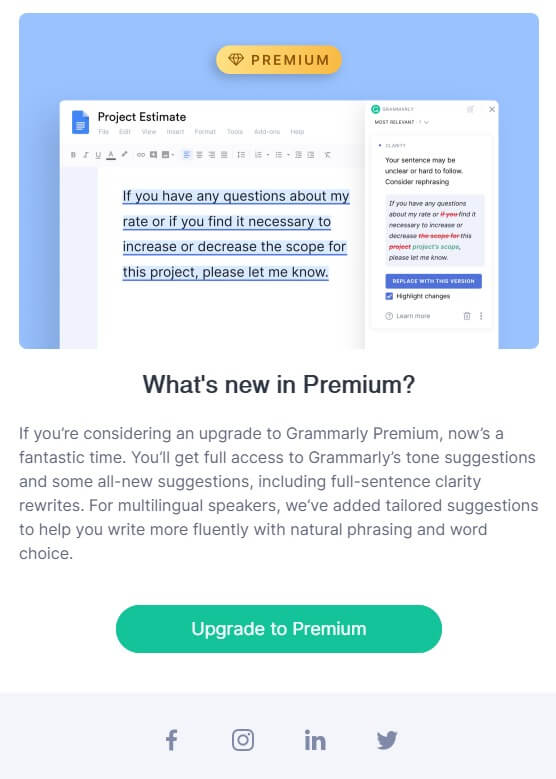 Product update email example from Grammarly that promotes the premium product to non-premium users