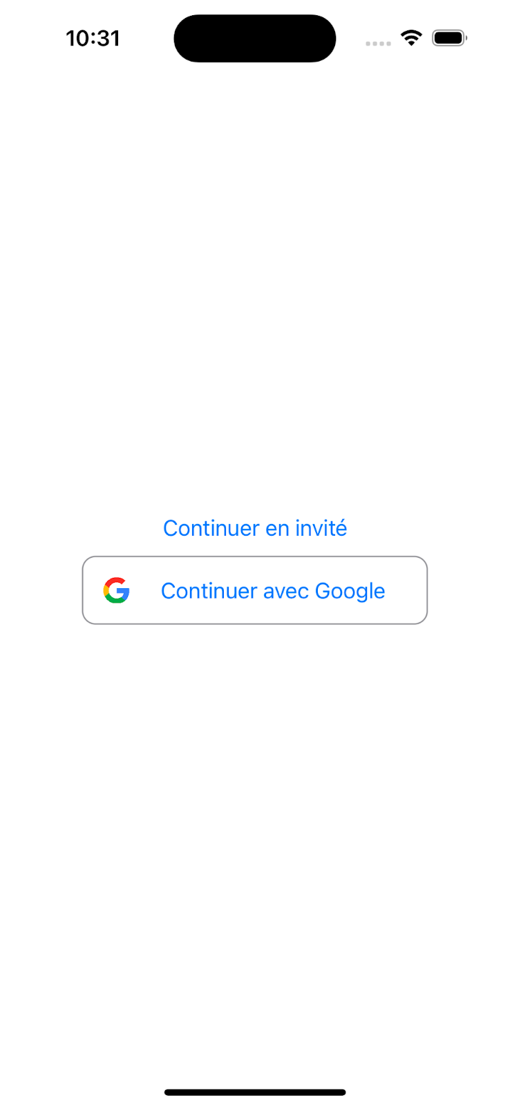 Ecran de l'application avec l'ajout du bouton "Continuer avec Google"