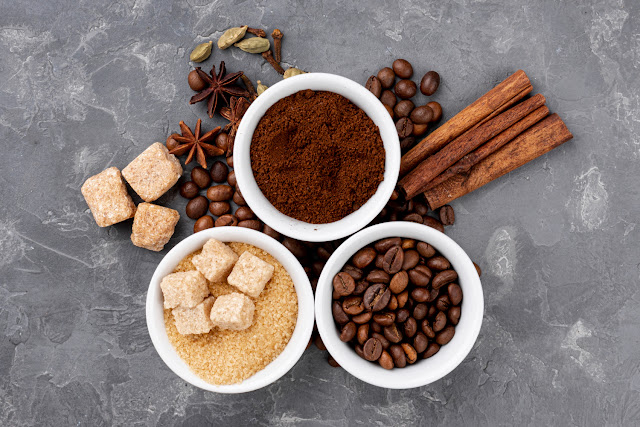 Coffee, sugar and spices for scrubs.