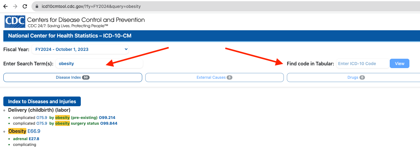 Image of the top portion of the CDC ICD-10-CM Lookup Tool with arrows pointing to two fields where you can enter a search term or the actual ICD code. 