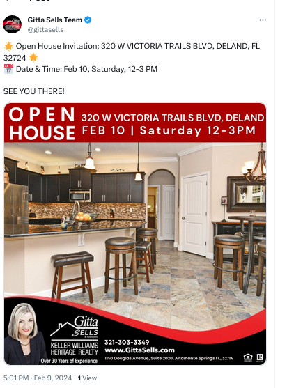 screenshot example of an open house invitation posted by a realtor on social media