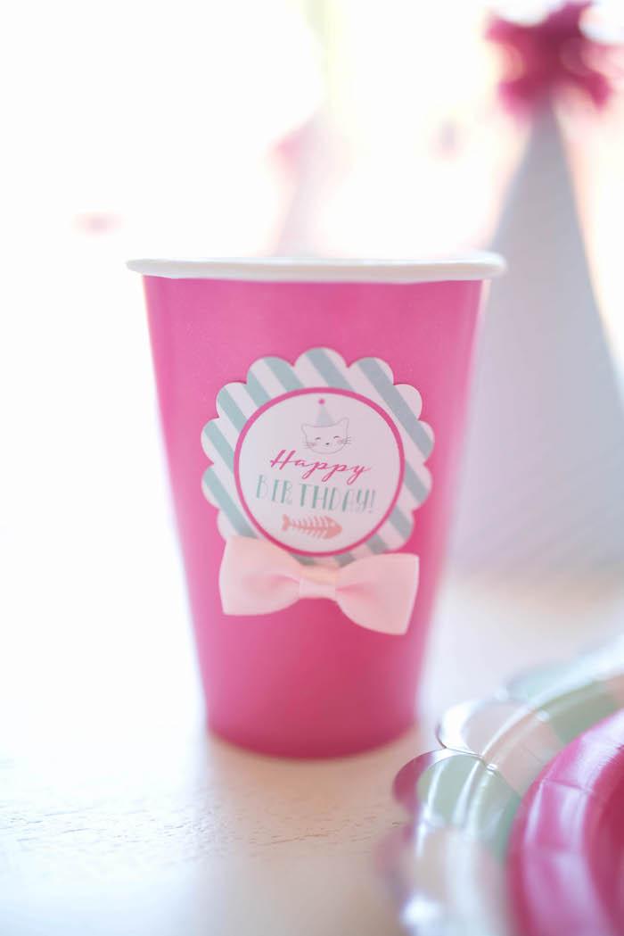 Paper cup adorned with a pink bow & custom tag from a Kitty Cat Birthday Party on Kara's Party Ideas | KarasPartyIdeas.com (14)