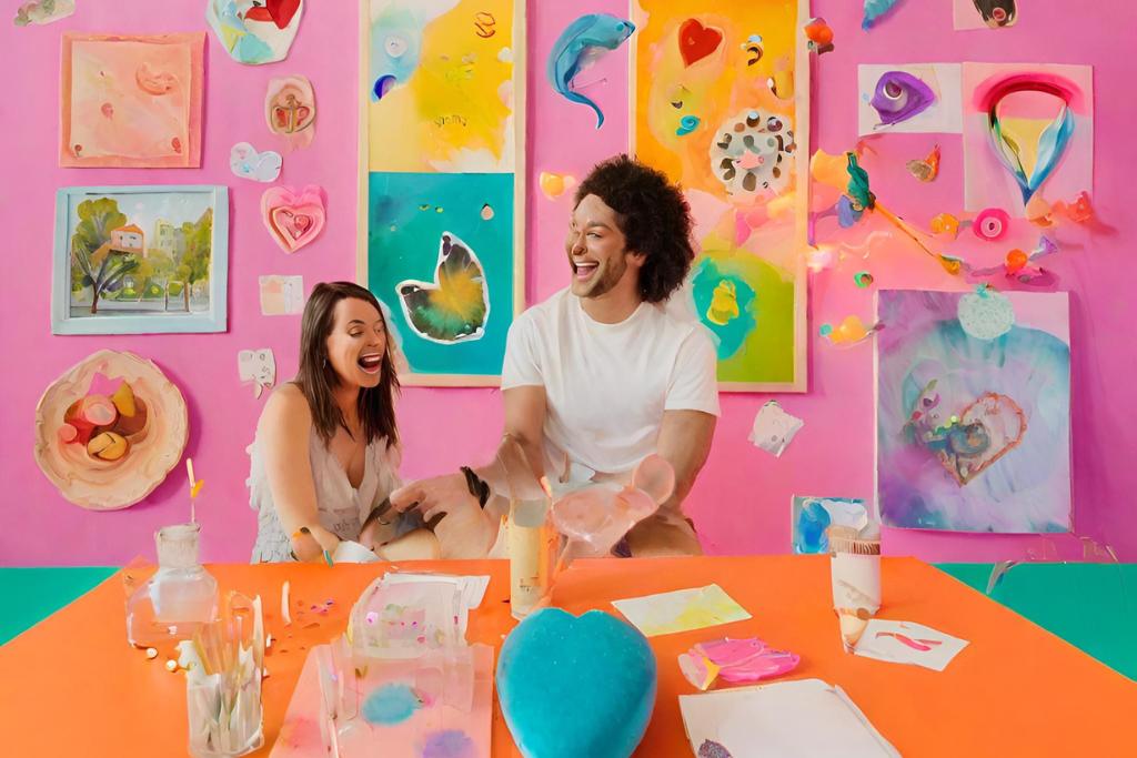 An elegant couple sitting at a table, surrounded by colorful wall art.