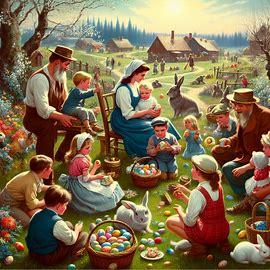 A picture of Easter back in the day in a field with eggs and bunnies and people. Bild 3 av 3