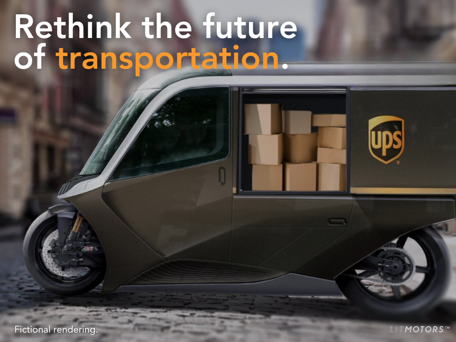 Fictional rendering of UPS truck balancing on two wheels in cityscape.