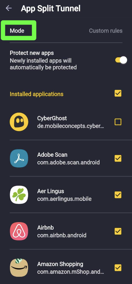 Screenshot showing App Split Tunnel settings in CyberGhost VPN app