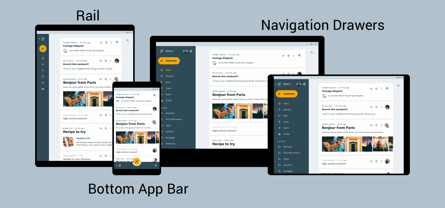 How to identify and fix app design issues. Examples of a rail, navigation drawers, and a bottom app bar