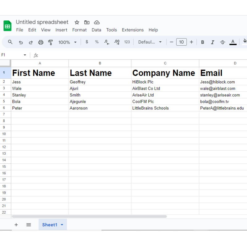 Spreadsheet with filled first name, last name, company name and email columns 