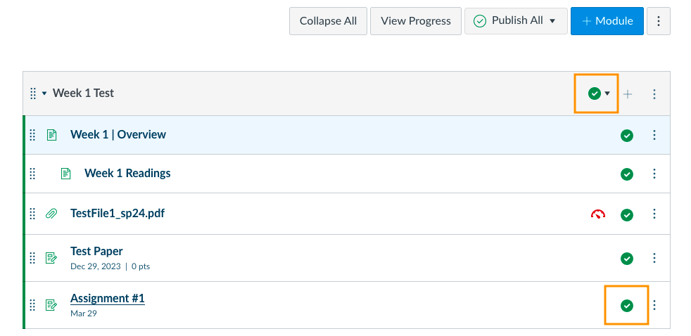 The modules page with the newly added assignment within the Module