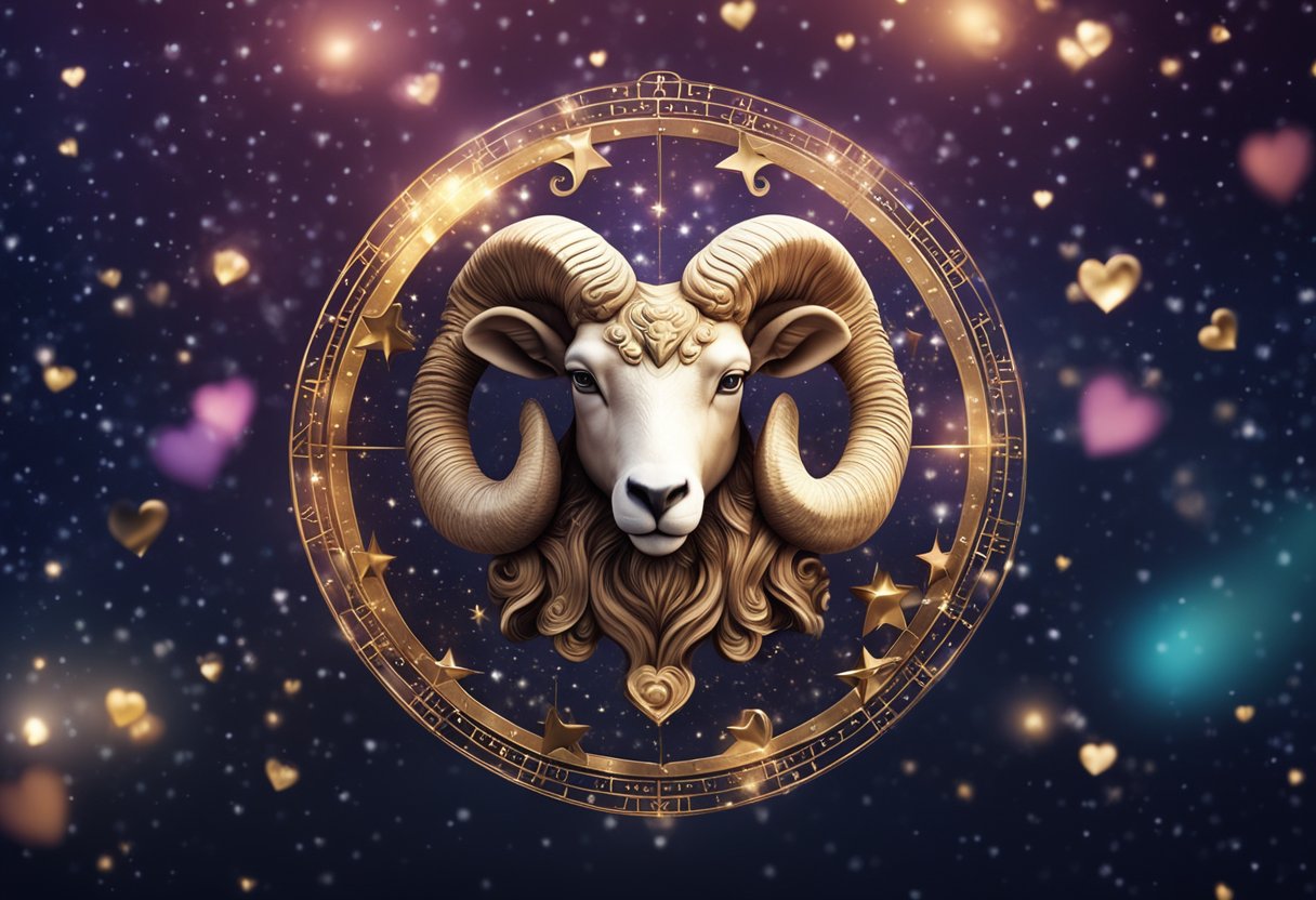 Aries love horoscope for March 2024: Aries symbol surrounded by hearts and stars, with a sense of passion and excitement in the air