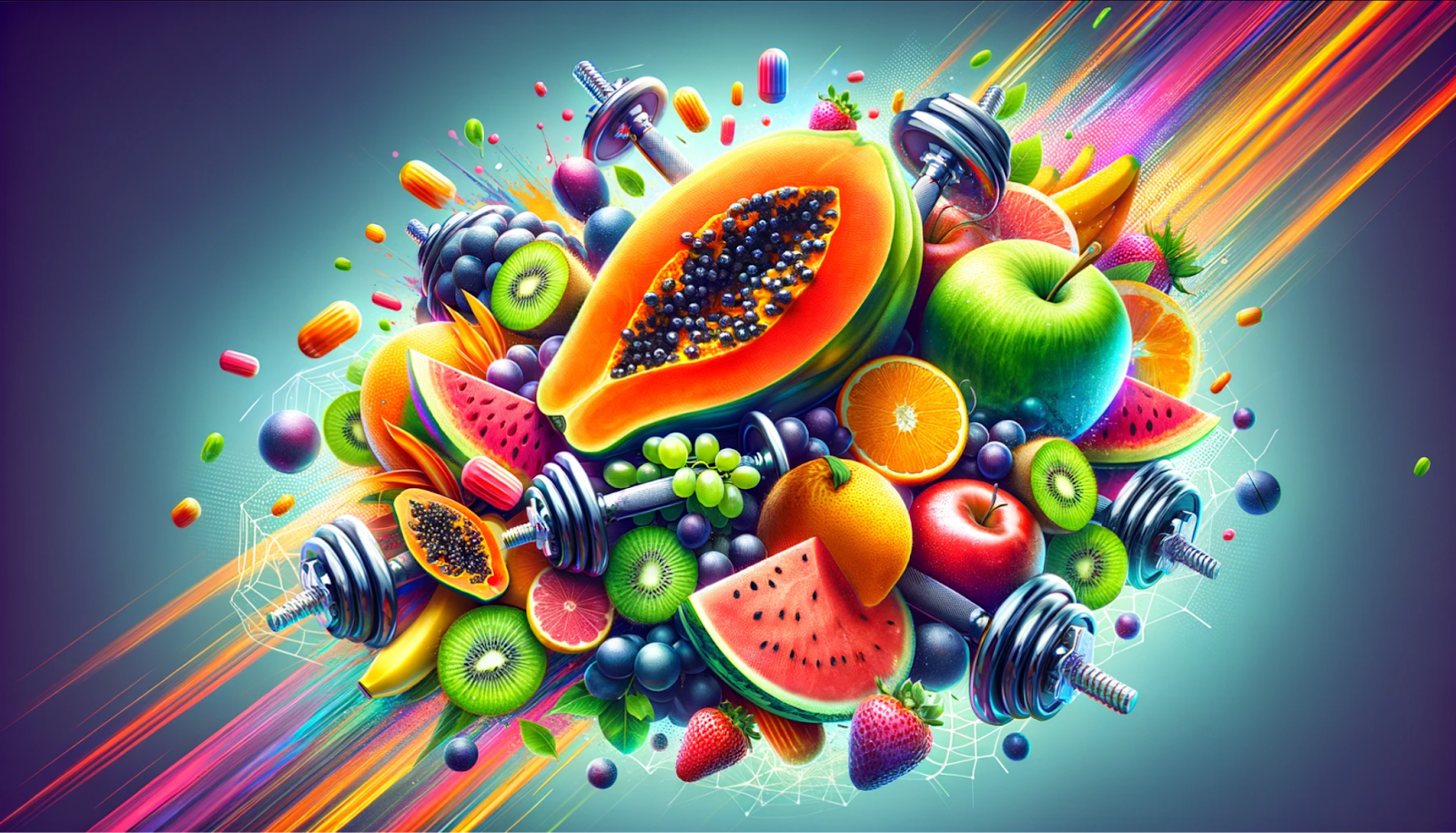 AI image of fruits and dumbbells