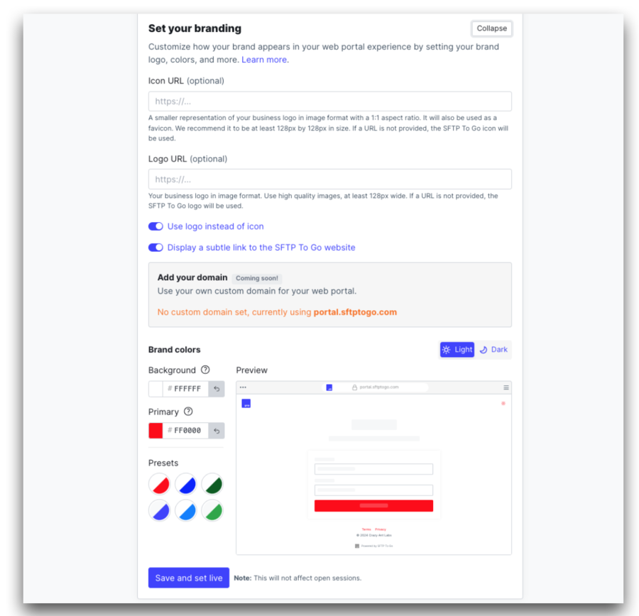 sftp to go branding settings